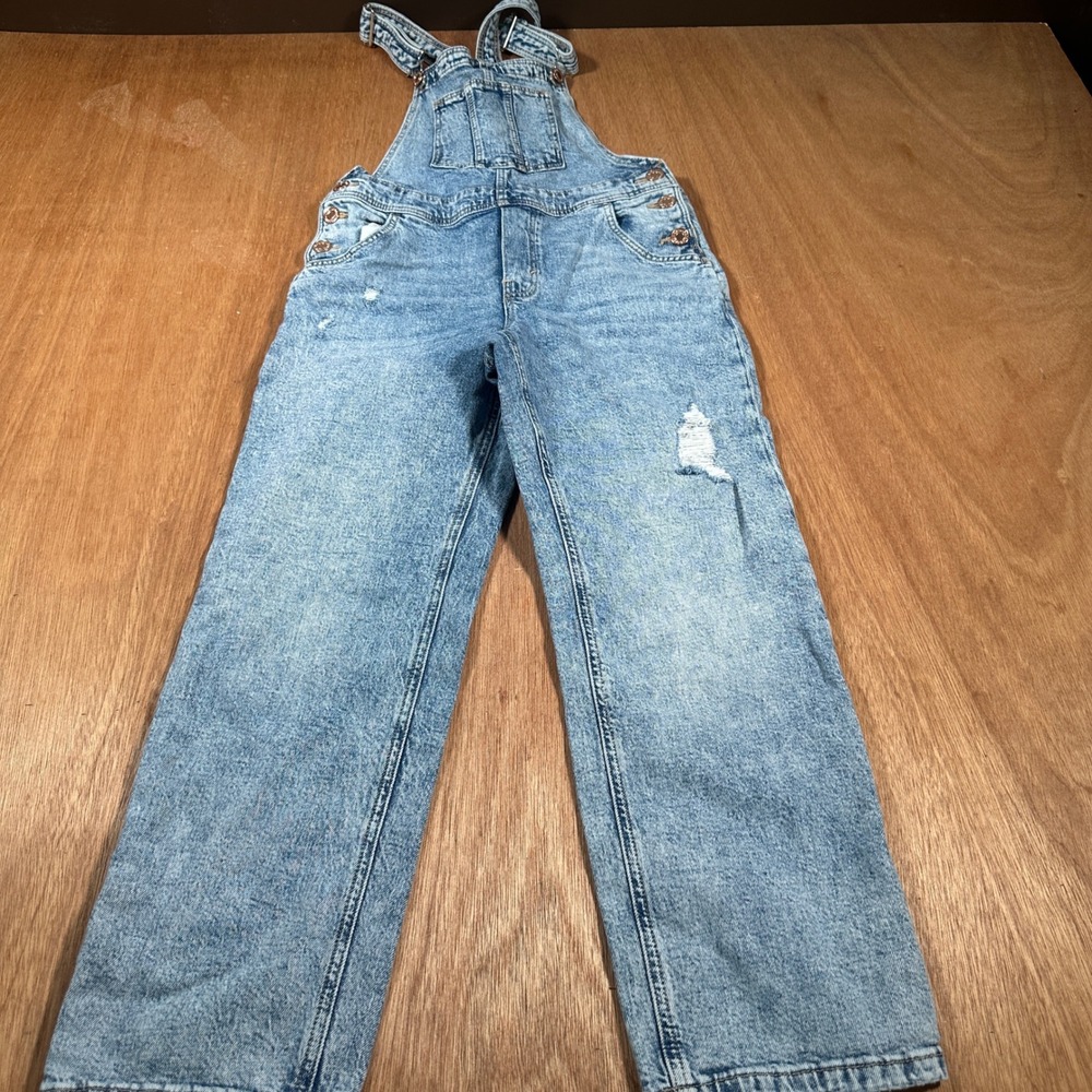 H&M &Denim Overalls Kids Size 10-11Y Light Wash Distressed Bib Dungarees